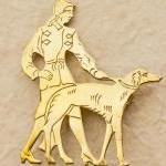 Art Deco Lady Walking The Dog Brooch - Brass..